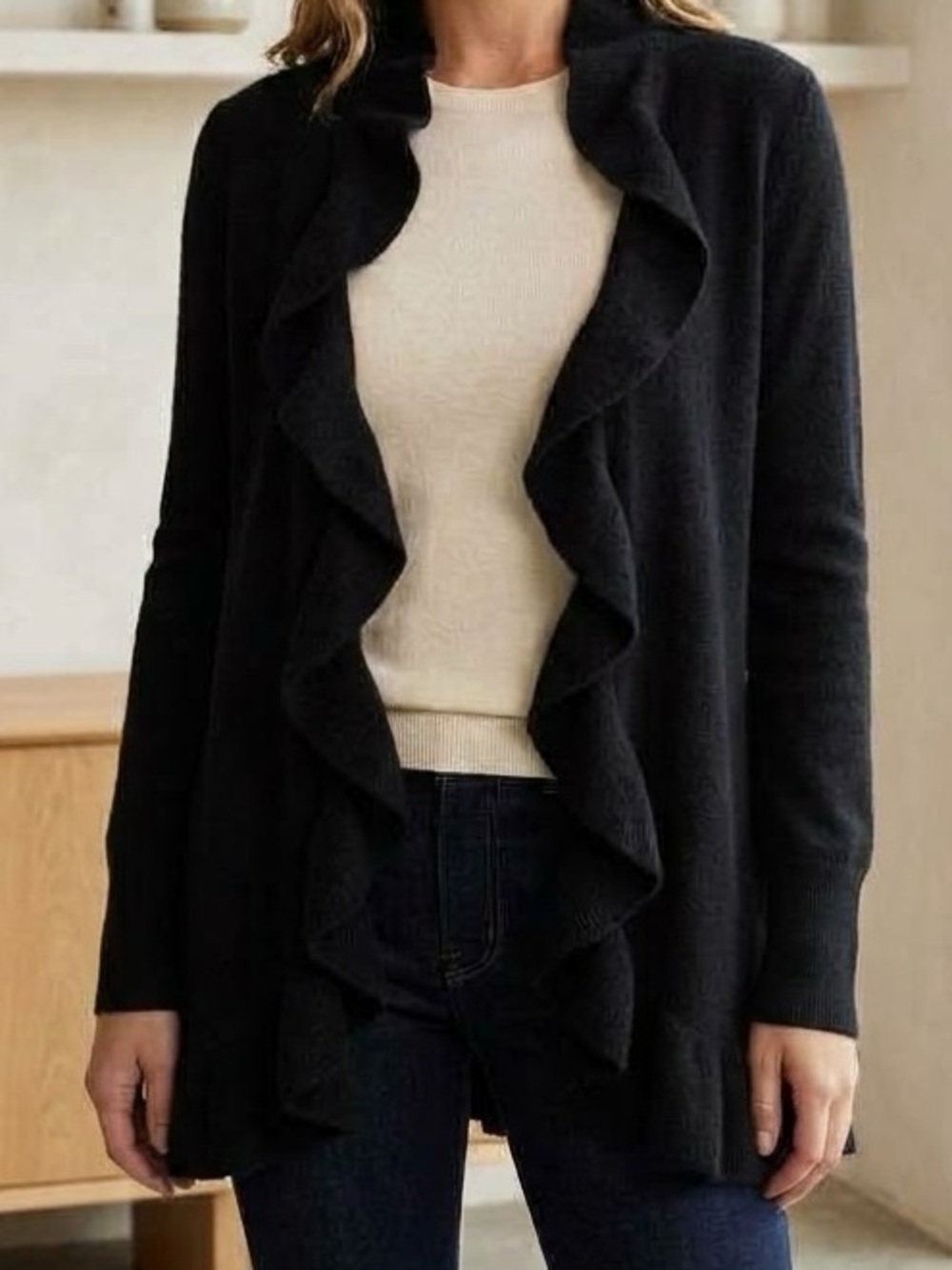 100% Cashmere Saks Fifth Avenue Black Ruffled Open-Front Cardigan